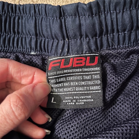 FUBU Navy Track Pants with Yellow Stripes, Drawstring Tie - Picture 2 of 4